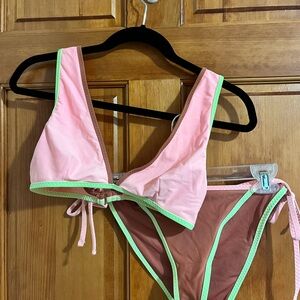 Aerie Peach and Brown Bikini with Lime Trim